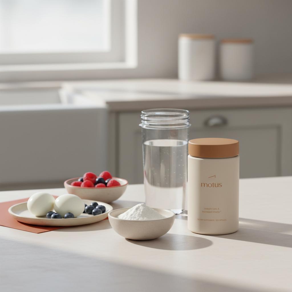 Minimalist kitchen countertop with a measured scoop of whey protein in a ceramic bowl, an opened Motus supplement jar, a clear water shaker, and a small plate of eggs and berries — whey protein dosage for weight loss