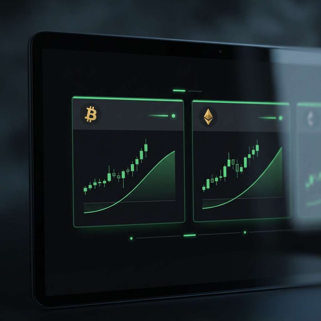 Minimalist close up of a trading screen showing BTC and ETH candlestick charts and option payoff curves in Finance Police brand colors no text crypto market news