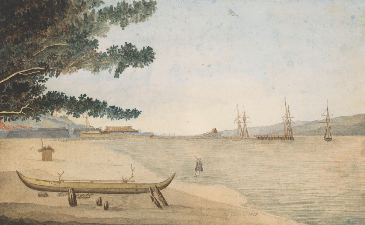 Gezicht op een Nederlandse nederzetting met fort en haven in Indonesië 1845