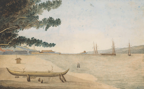 Gezicht op een Nederlandse nederzetting met fort en haven in Indonesië 1845