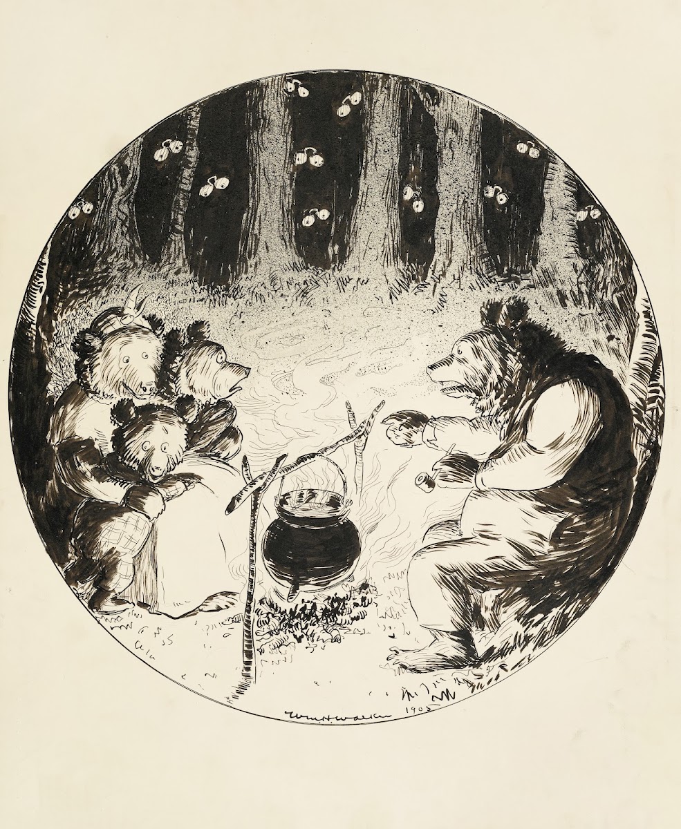 A family of bears cooks around a campfire 1905