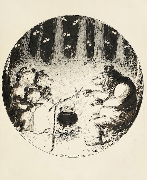 A family of bears cooks around a campfire 1905