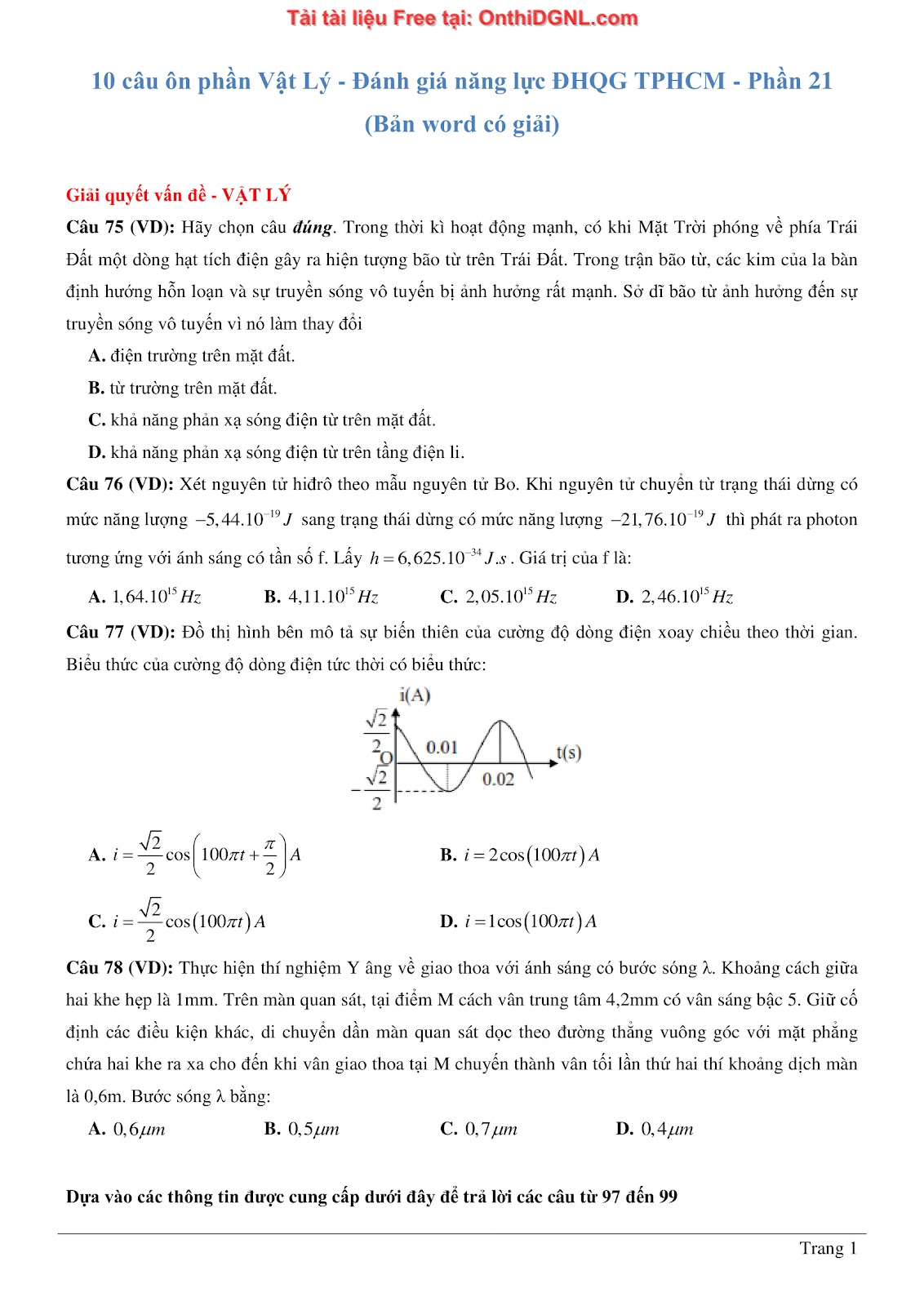 300 bài tập môn Vật Lý - Ôn thi ĐGNL ĐHQG TPHCM Phần 21
