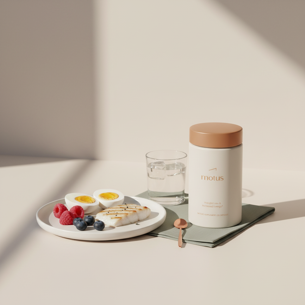 Full-frame countertop photo of Tonum Motus supplement bottle with plate of eggs, a small fish fillet and berries on #F2E5D5 background, showing how much lysine to take to burn belly fat