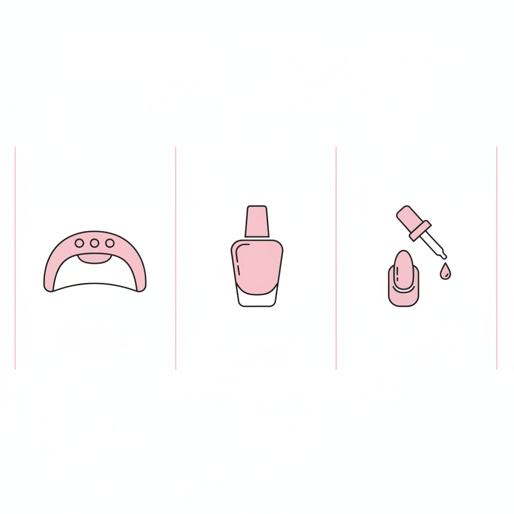 Minimalistische 2D-Vektor-Infografik mit drei vertikalen Icons (Lampe, Fläschchen, Nagelöl) in NailX-Farben, ideal als Schnell-Anleitung für GellyNails Starter Kit