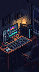 Lofi Cozy Night Pixel Art Workspace with Computer Setup and Black Cat