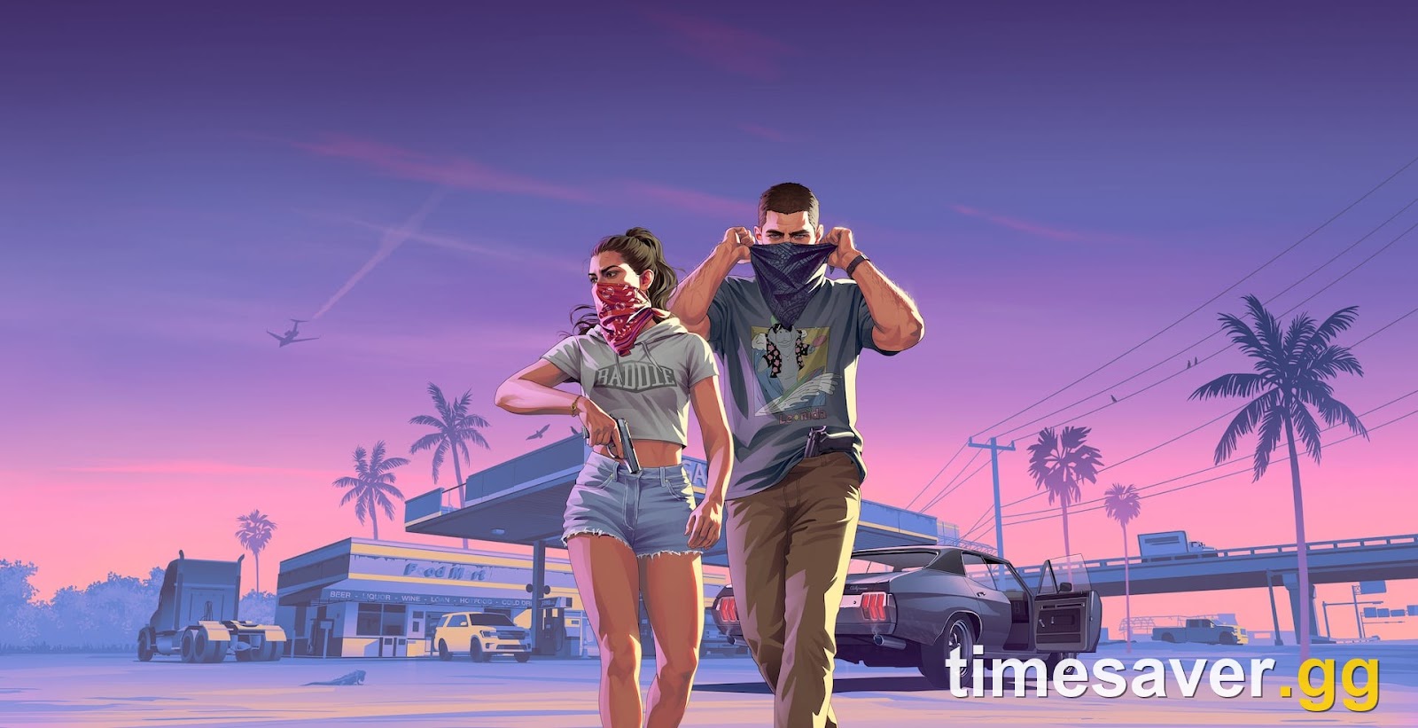 Official Grand Theft Auto VI key art of Jason and Lucia in bandanas walking from a gas station under a pink-and-purple Vice City sunset — the kind of image soundtrack artists shared to confirm their involvement