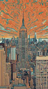 Abstract Stylized NYC Skyline Illustration with Patterned Background