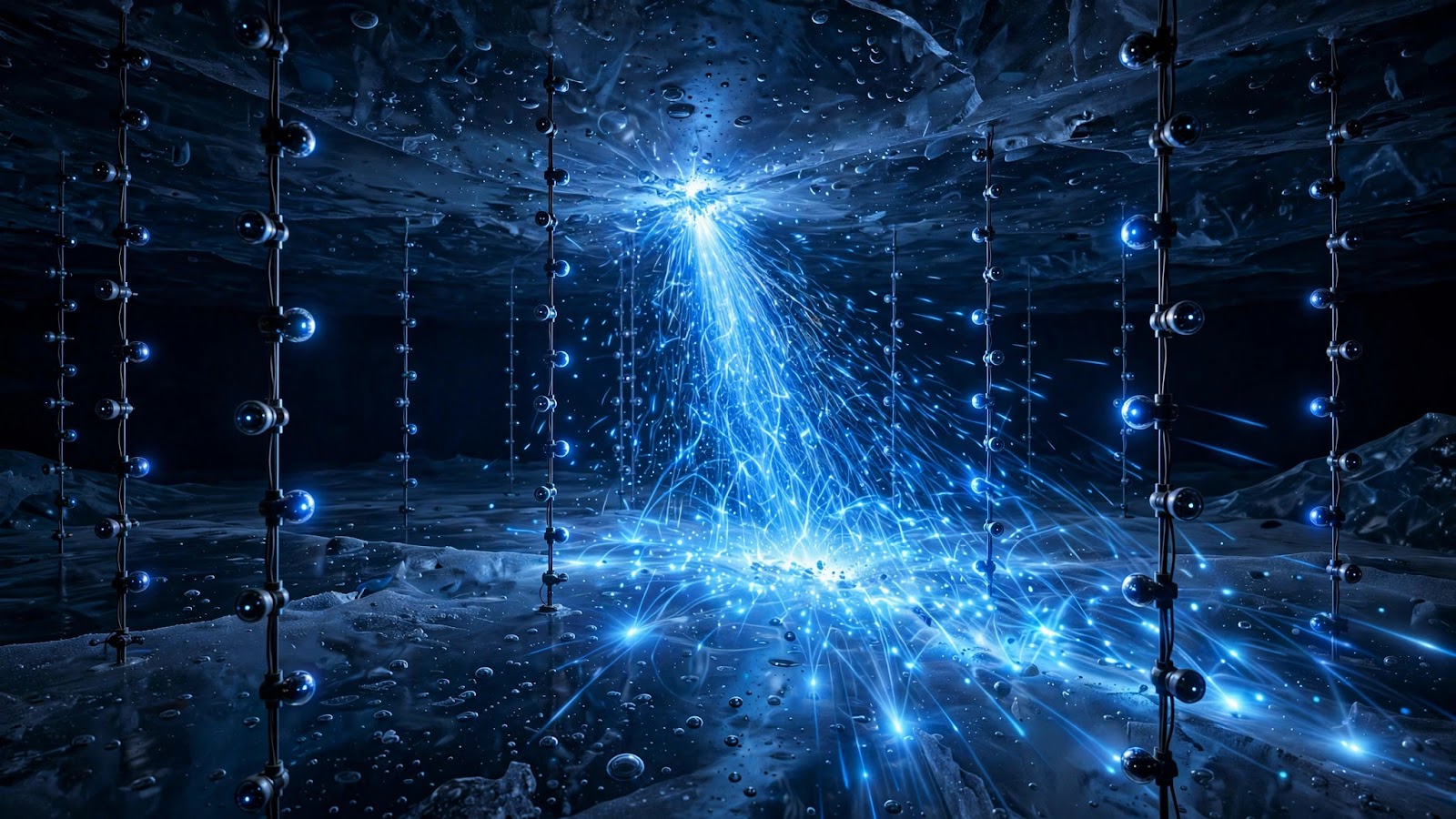 Visualization of a high-energy neutrino collision deep in Antarctic ice creating a cascade of blue light among detector strings