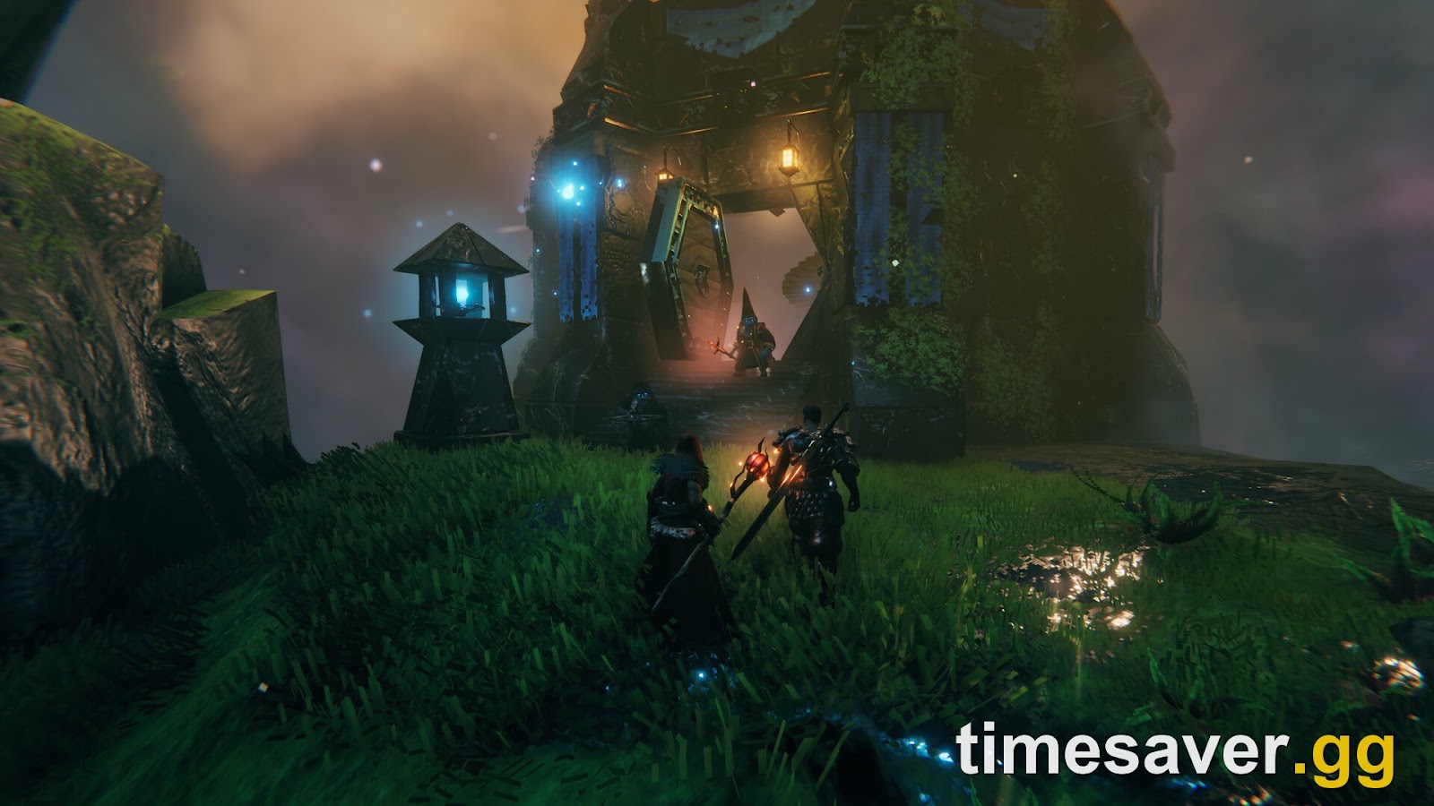 Two players exploring a glowing Mistlands structure together in Valheim