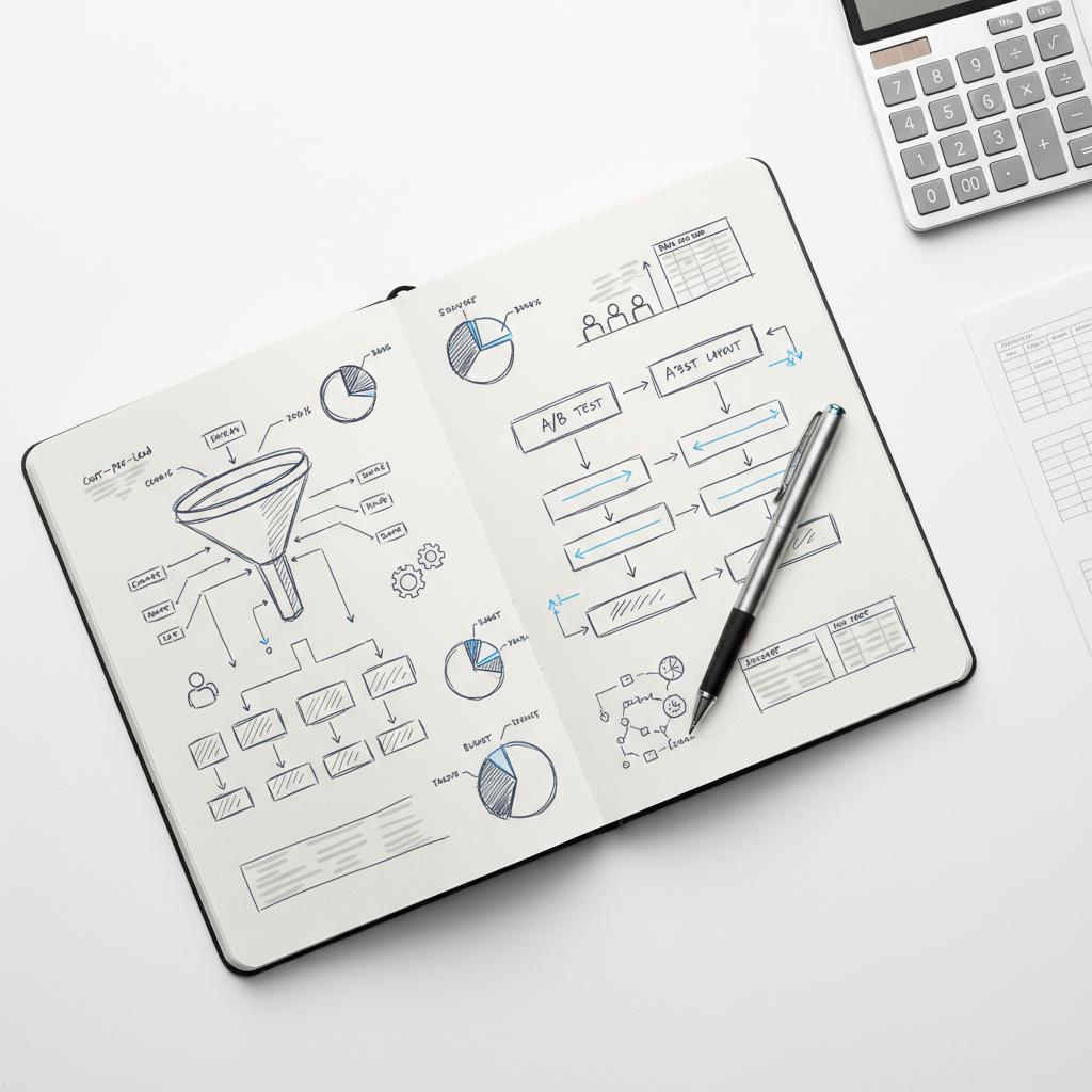 Top-down notebook sketches of pricing strategies with pen, calculator and blurred table, minimalist white layout representing thumbtack pricing analysis