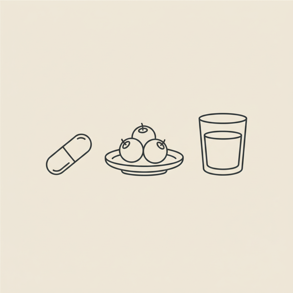 Minimalist vector line illustration of a capsule, small plate with berries, and a water glass on beige background, representing best collagen for weight loss