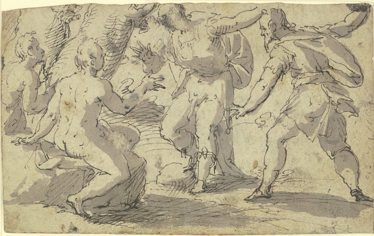 Zwei Nackte und zwei Bekleidete in lebhafter Unterhaltung 1588