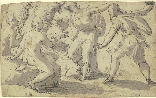 Zwei Nackte und zwei Bekleidete in lebhafter Unterhaltung 1588