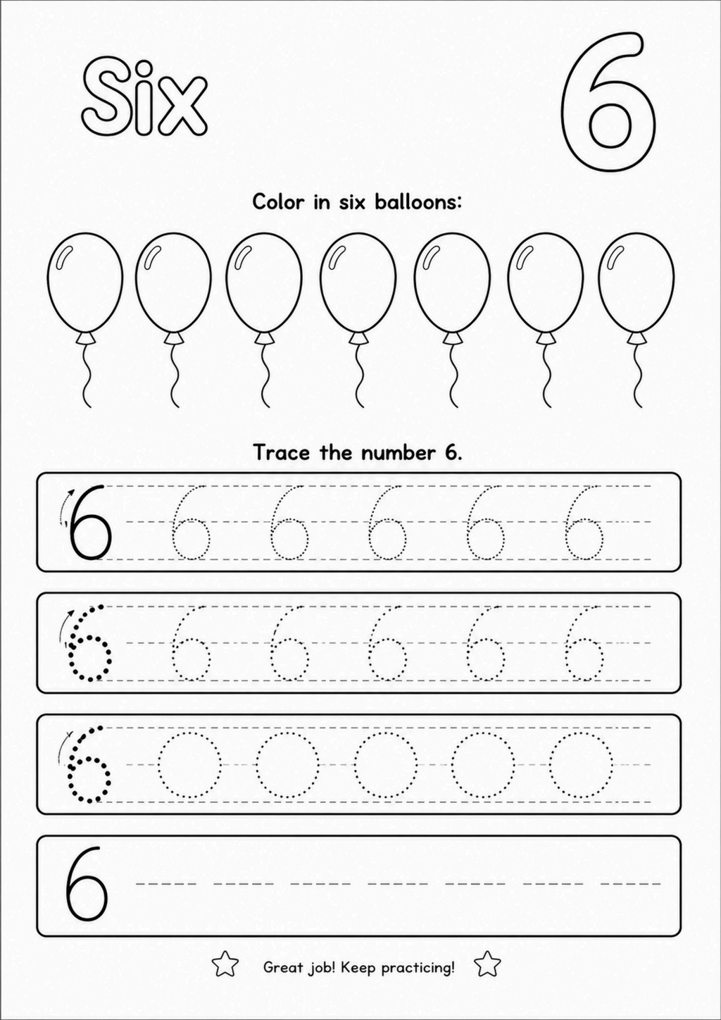 Number Six Tracing and Coloring Worksheet