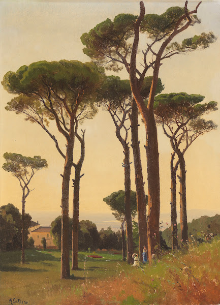 Italienischer Pinienhain am Meer Ölstudie 1868