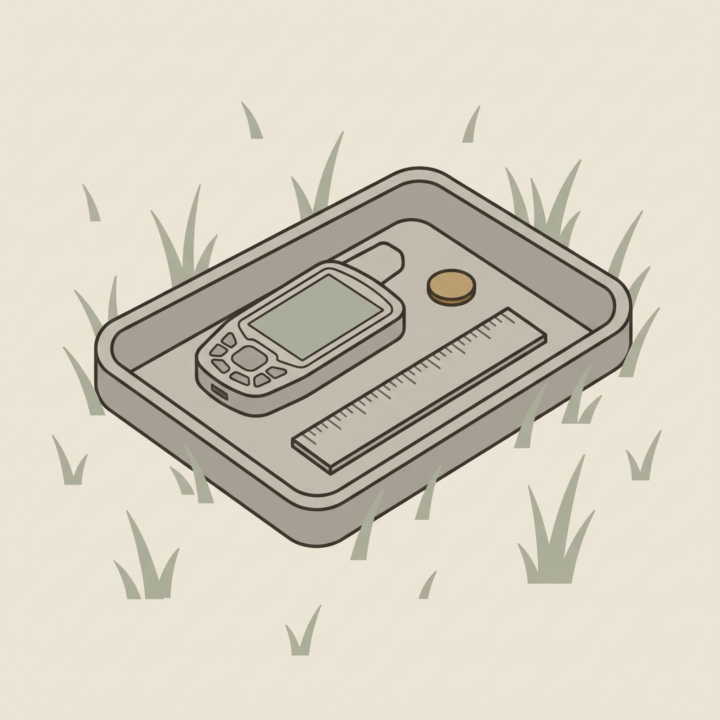 Minimal 2D vector of a portable finds tray on grass with handheld GPS device and ruler illustrating field documentation for roman coin jewelry using Aurora Antiqua color palette