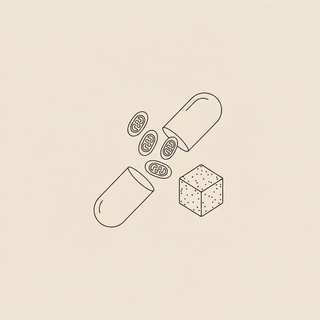Minimal Tonum-style line illustration of an open capsule revealing stylized mitochondria and a sugar cube on a beige background, representing ALA contraindications.