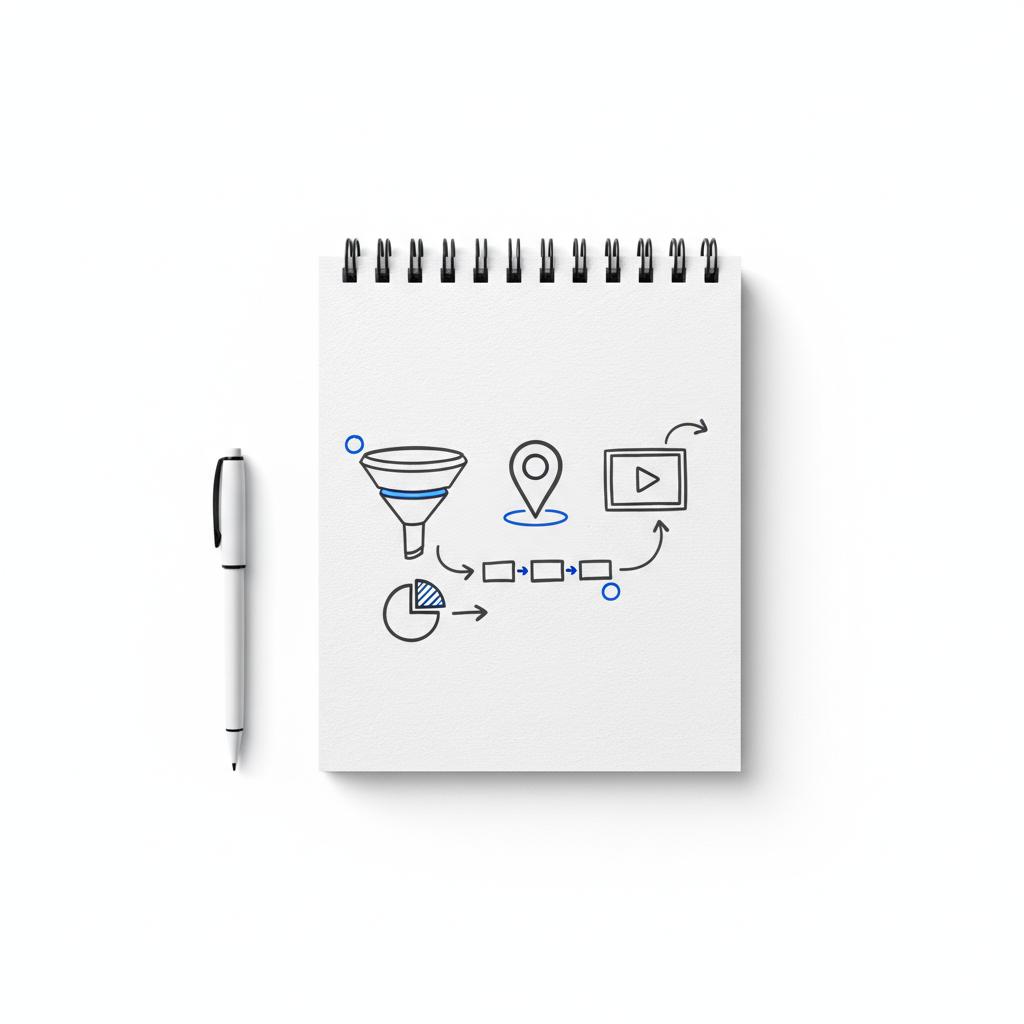 Overhead vector notebook with hand-drawn marketing sketches (funnel, map pin, video icon) illustrating how to advertise my business for free on Google in Agency Visible colors