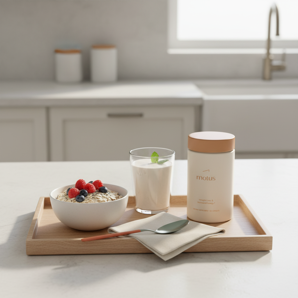 Motus supplement bottle beside a protein shake and bowl of oats and berries on a minimalist breakfast tray, suggesting protein powder for weight loss for females