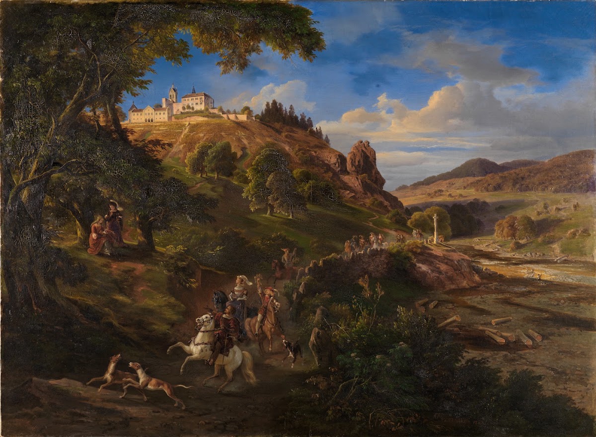 Schloß Eberstein bei Gernsbach mit mittelalterlichem Jagdzug 1843
