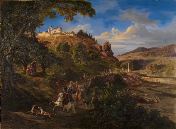 Schloß Eberstein bei Gernsbach mit mittelalterlichem Jagdzug 1843