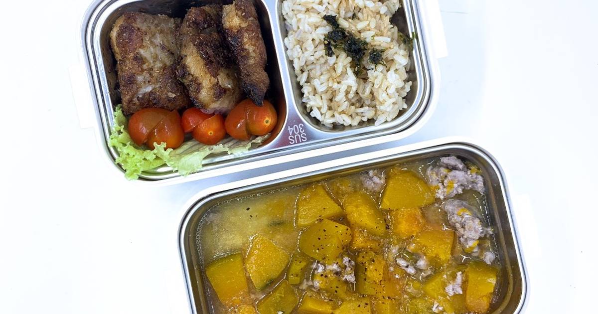 Cá phi lê chiên + canh bí đỏ thịt xay: Giảm cân - lunchbox - eat clean (373calo)
