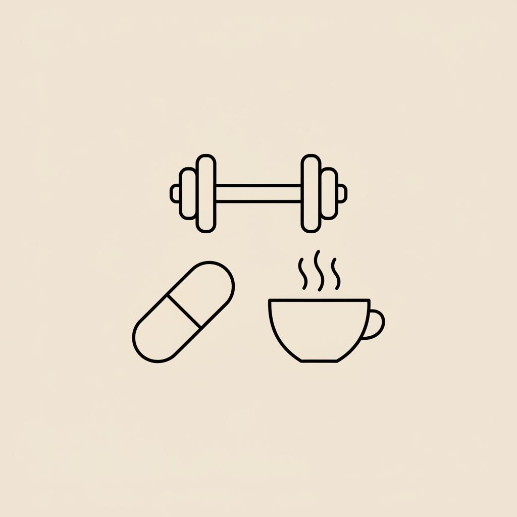 Minimalist vector line illustration of a capsule, dumbbell, and steaming tea cup on beige background representing ways to naturally increase your metabolism