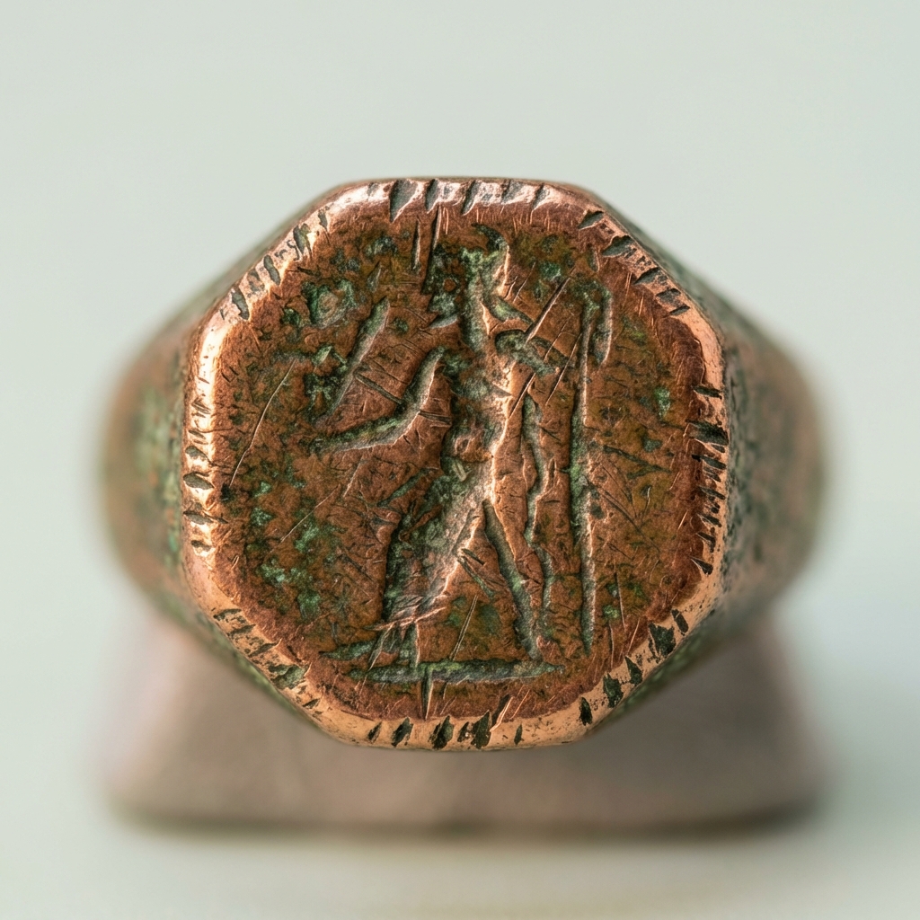 Macro photograph of an ancient copper ring octagonal bezel showing patina tool marks scratches and an engraved intaglio surface on a warm neutral background