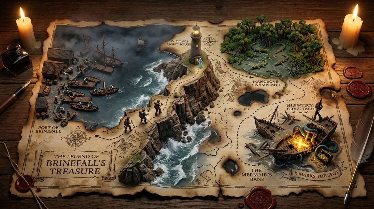 Un mapa del tesoro dibujado a mano sobre pergamino antiguo, donde la aventura se transforma en una búsqueda tridimensional.