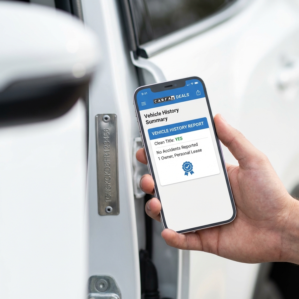 Close up of a car VIN plate and a hand holding a smartphone showing a concise vehicle history report summary with CarFax Deals blue accents repo cars for sale