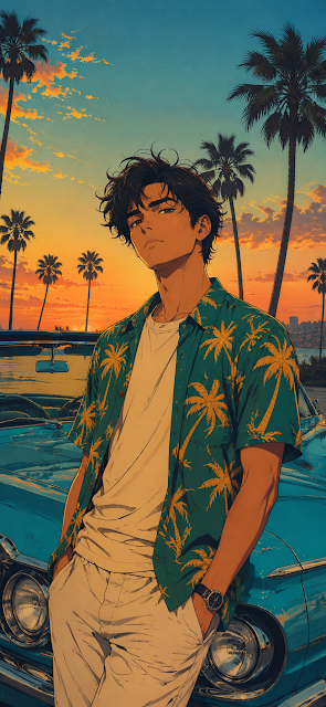Retro Anime Style Man in Hawaiian Shirt and Classic Convertible - Free mobile Wallpaper