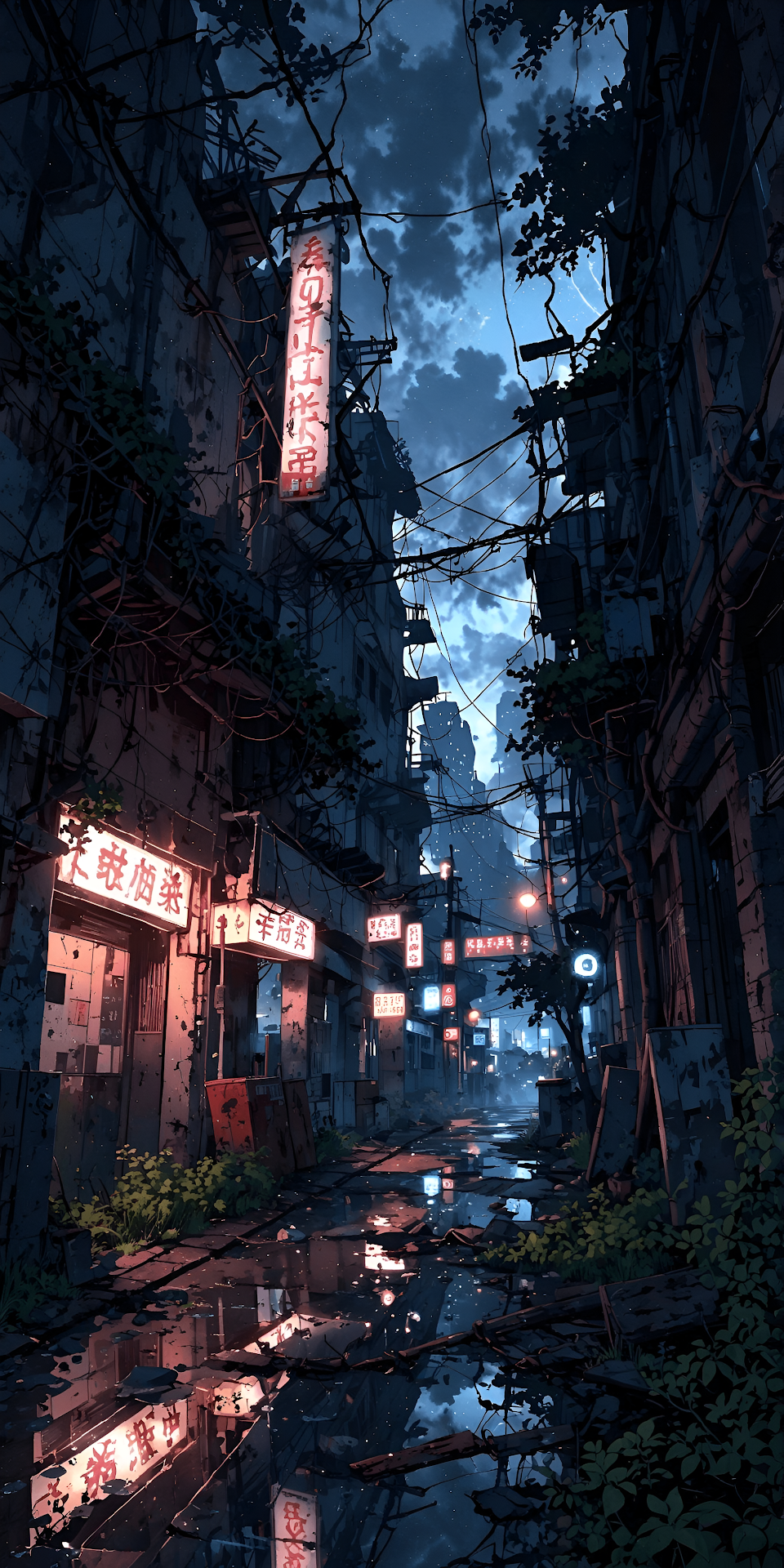 Dystopian Neon Alley Night Ruined Japanese Cityscape Art - Free 4K mobile Wallpaper