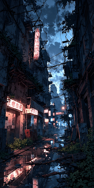 Dystopian Neon Alley Night Ruined Japanese Cityscape Art - Free mobile Wallpaper