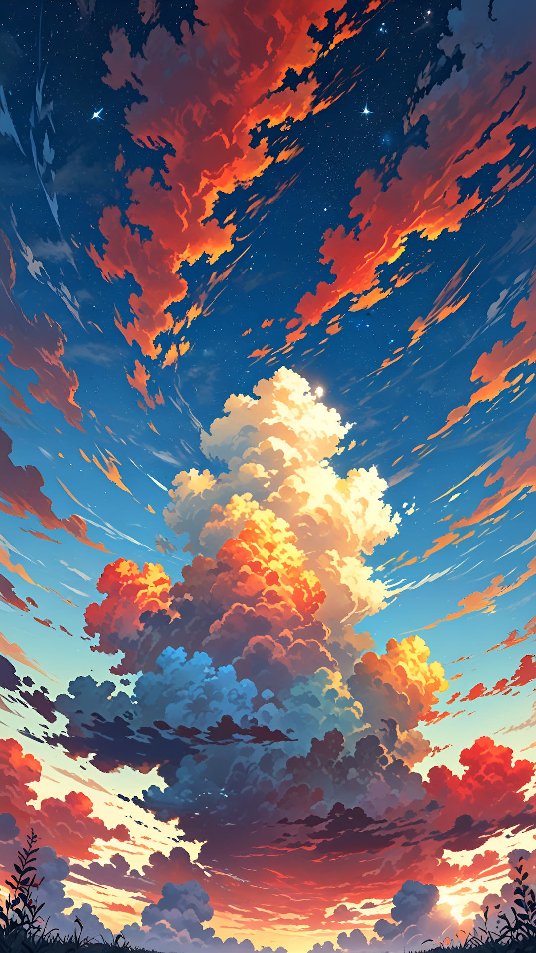 Dramatic Sunset Sky with Fiery Clouds and Twinkling Stars - Free 4K mobile Wallpaper