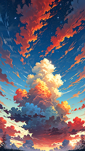 Dramatic Sunset Sky with Fiery Clouds and Twinkling Stars