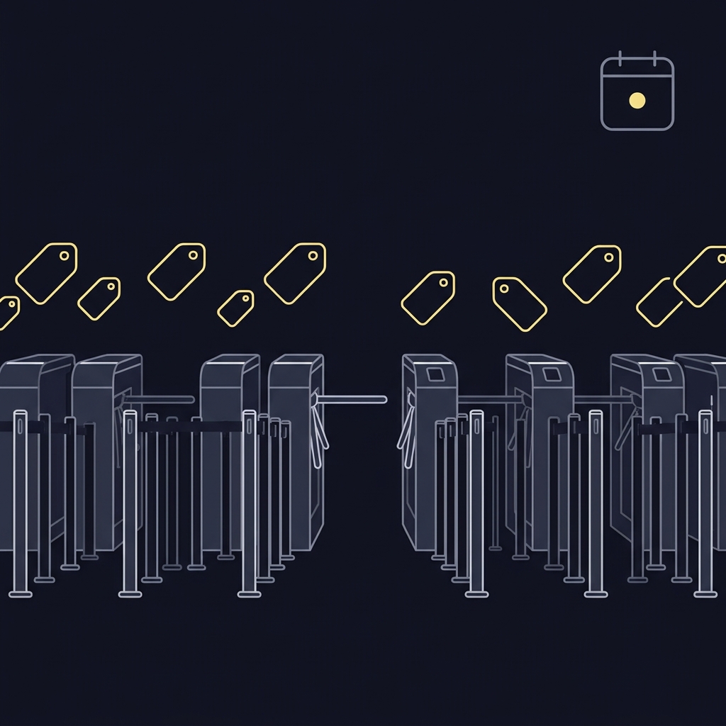 Minimal 2D vector of a concert entrance with turnstiles and queue poles accented by floating price tags and a small calendar indicating days left How Time Remaining Affects Value