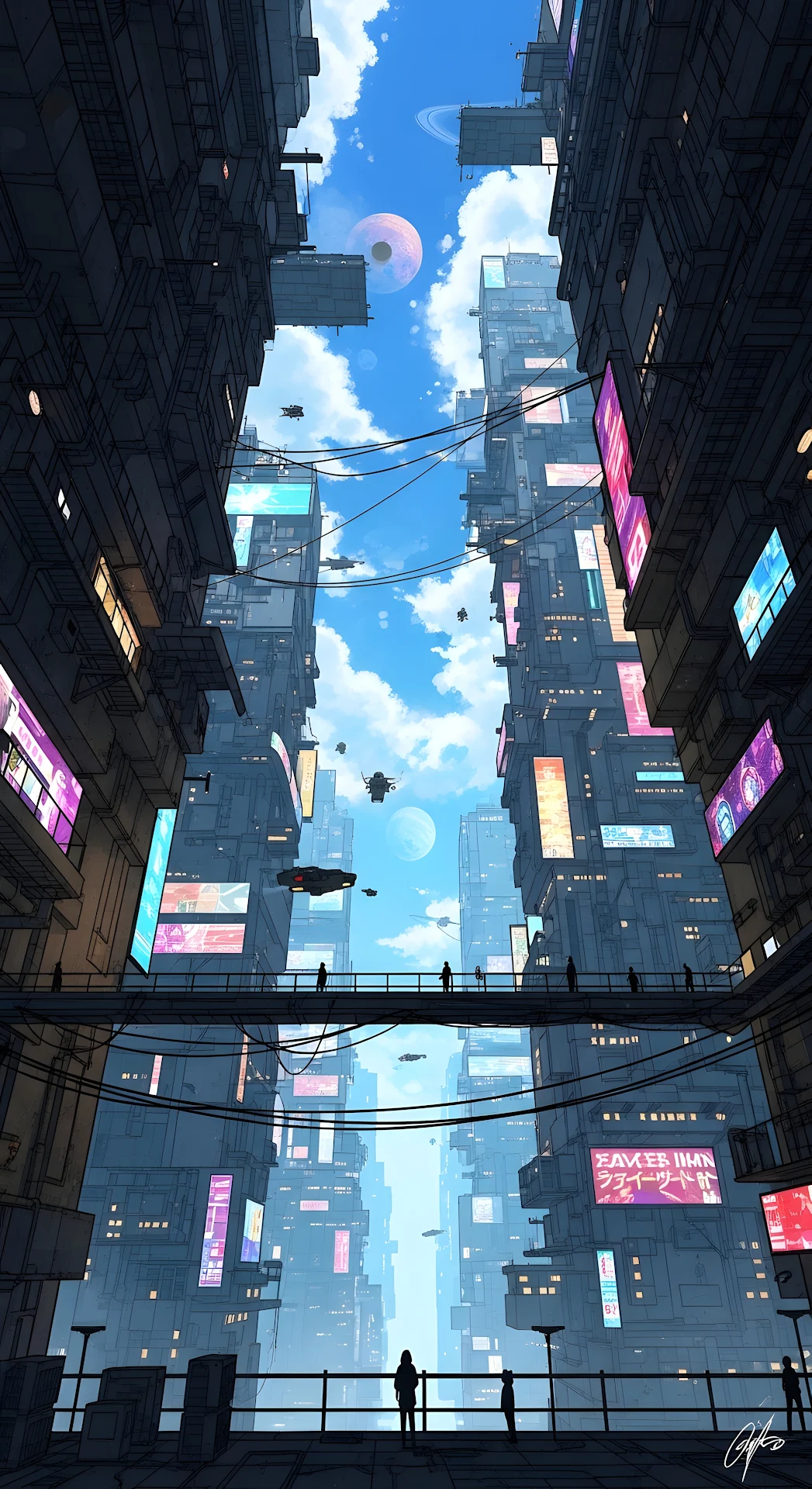 Neon Lined Vertical Cityscape with Sky Bridges and Hovercraft - Free 4K mobile Wallpaper