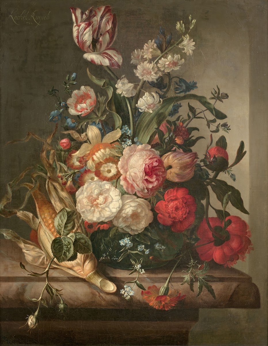 Vase de fleurs et épis de maïs dans une niche