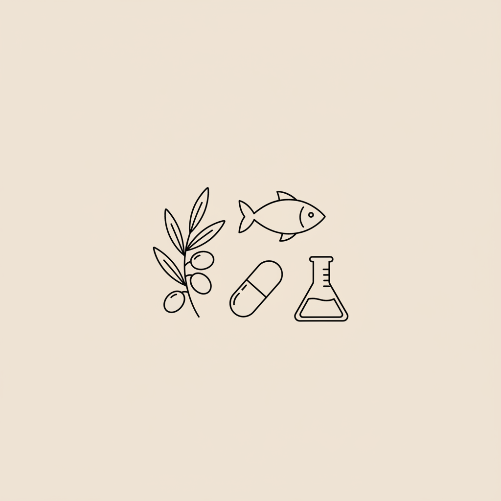 Minimal line illustration of an olive branch, fish silhouette, capsule and small lab beaker on beige background, evoking keto diet ingredients and science.