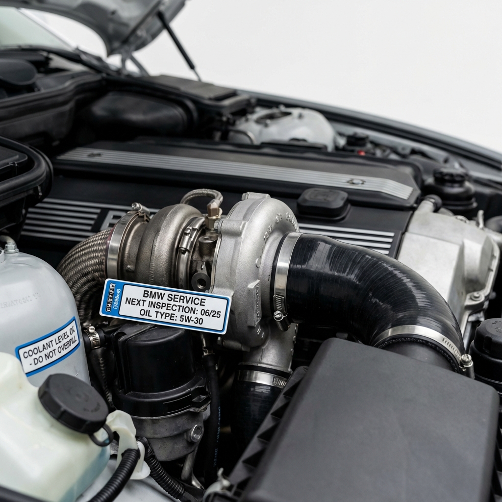 Close up of bmw 540i for sale inline six engine turbocharger area with clean service labels minimalist white background and CarFax Deals blue accents