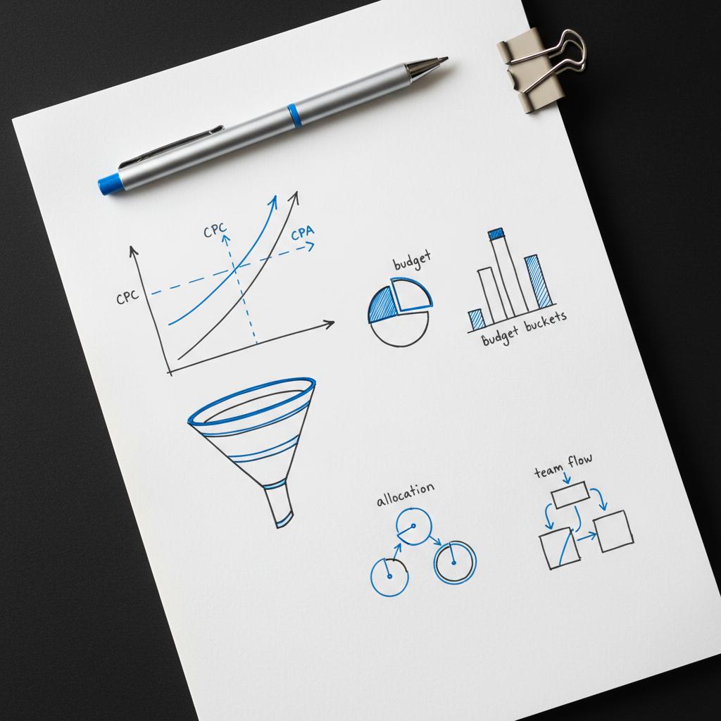 Top-down view of a white planner page with hand-drawn charts about How much do Twitter ads cost: CPC vs CPA curves, pie chart with #1a5bfb accent, minimalist layout.