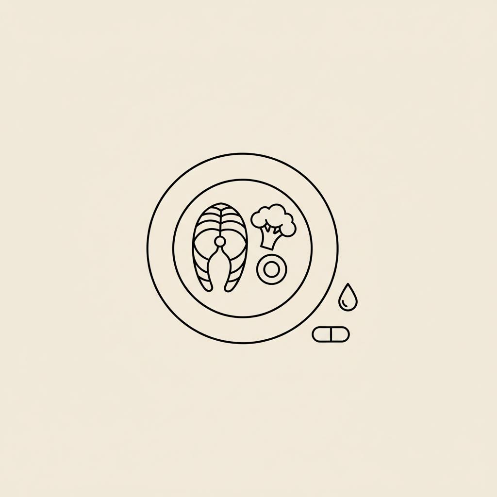 Minimalist line illustration of a plate with fish, vegetables and a capsule beside a water droplet representing nutrition and supplements to reduce liver fat