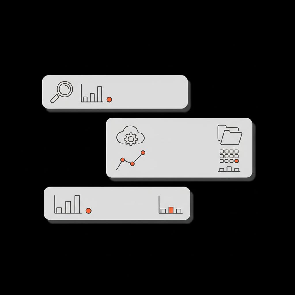 Minimal vector dashboard with three icon panels (magnifying glass, external plugin/cloud, stack of documents) and small graphs on black background — trending hashtags on Facebook