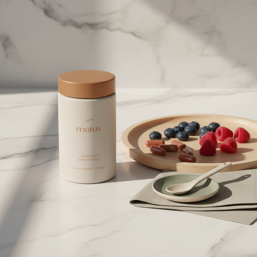 Tonum Motus supplement bottle on marble countertop with wooden tray of capsules and fresh berries in gentle morning light, minimalist clinical lifestyle photo for ashwagandha for belly fat