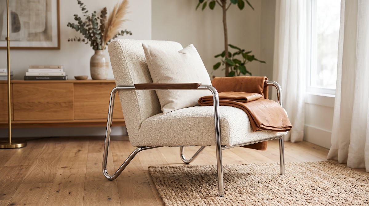 How to Soften Chrome Accent Chairs With Warm Textiles - microfiber care for polished chrome beside wood furniture