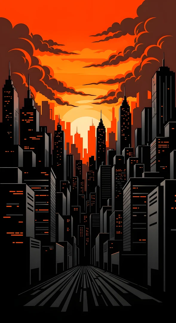 Noir Cityscape Sunset Dramatic Orange Sky Art