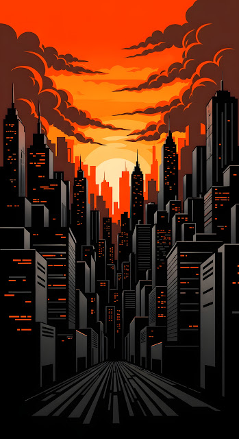 Noir Cityscape Sunset Dramatic Orange Sky Art - Free mobile Wallpaper