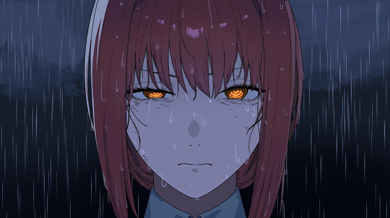 Makima's Intense Rainy Night Look - Digital Illustration 4K Wallpaper (4096x2290)