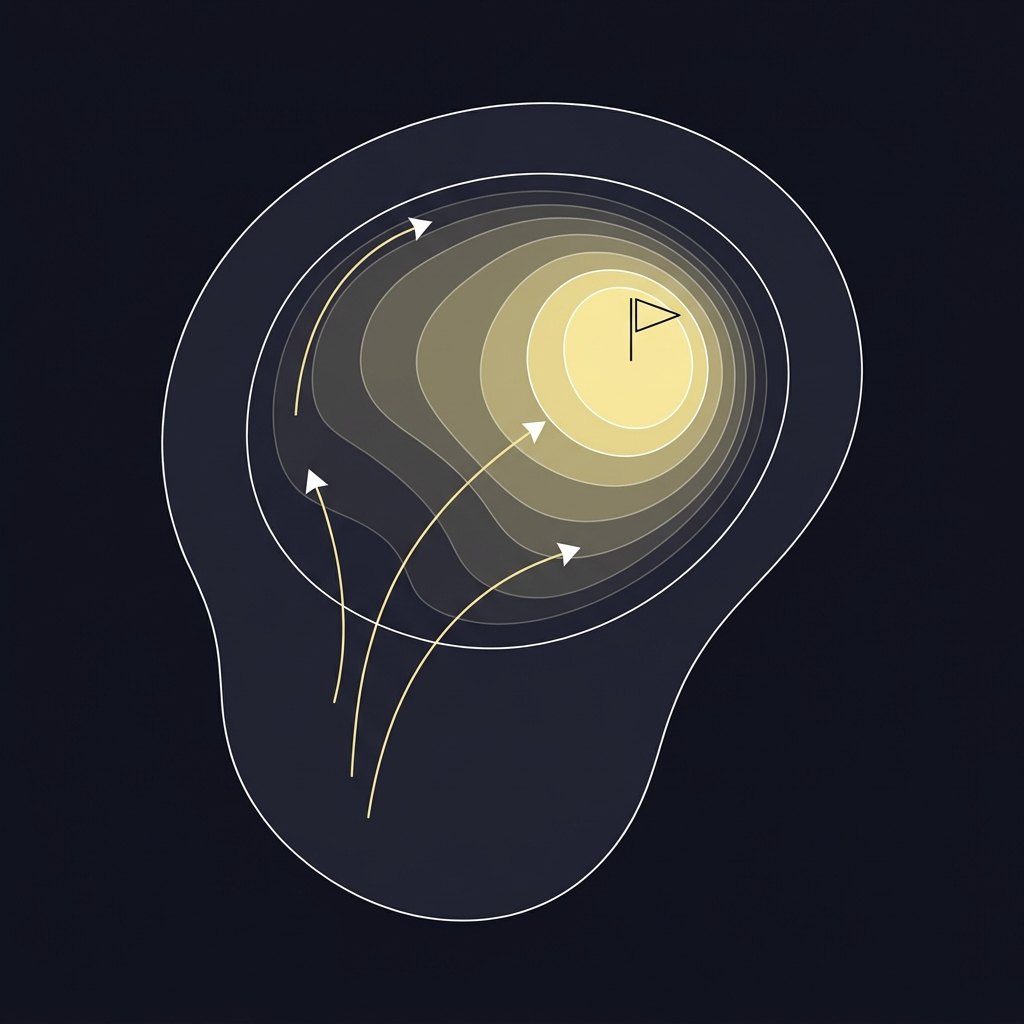 Using Strokes Gained in Golf Analysis minimalist 2D vector top down golf green with expected strokes heatmap and accent arrows showing shot transitions